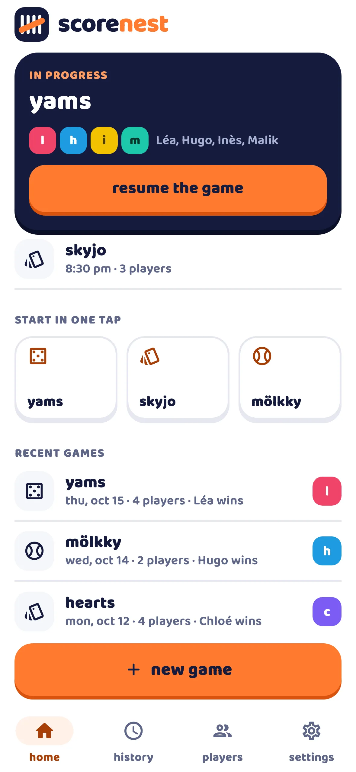 Home screen: a yams game in progress with four players and the “resume the game” button, quick-start games and recent games
