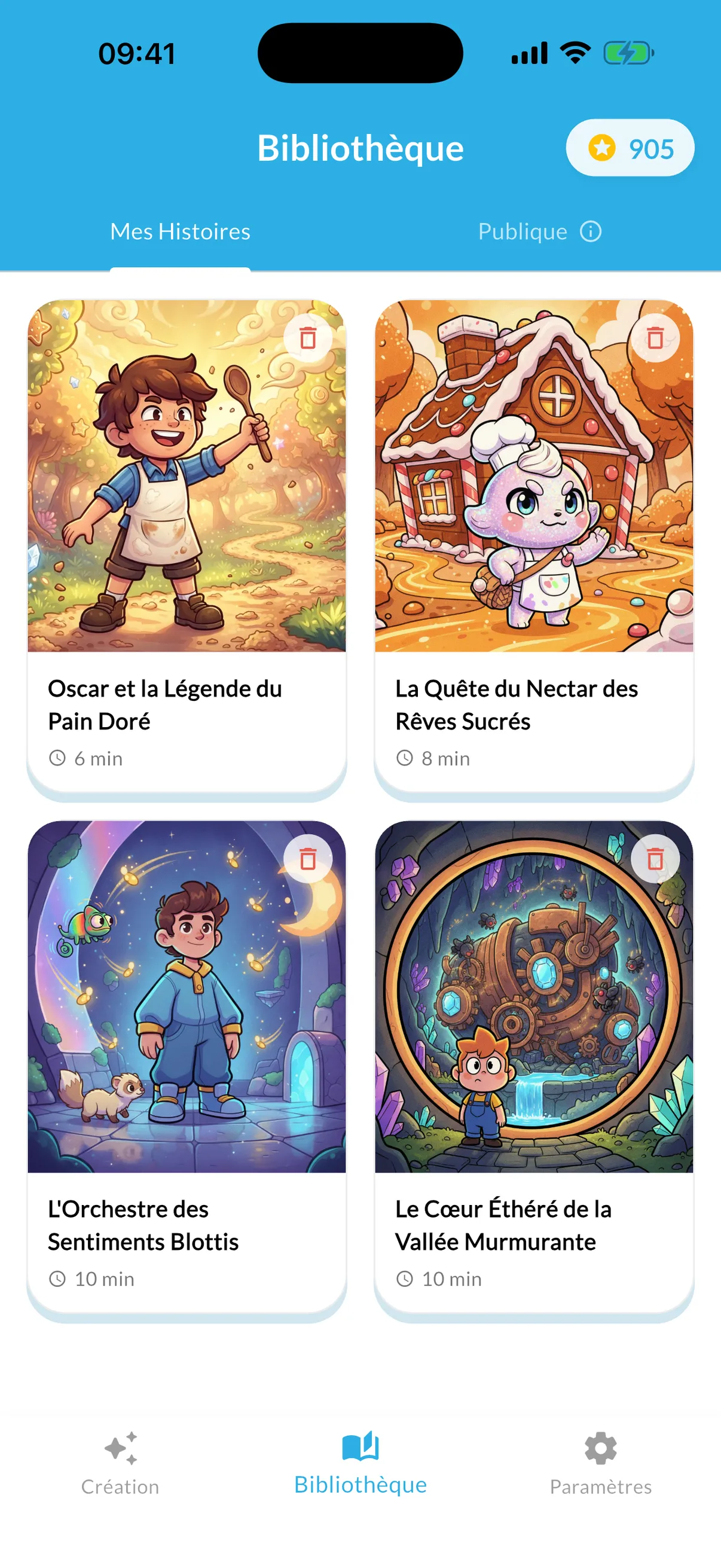 Bibliothèque « Mes histoires » : quatre histoires illustrées, avec leur durée