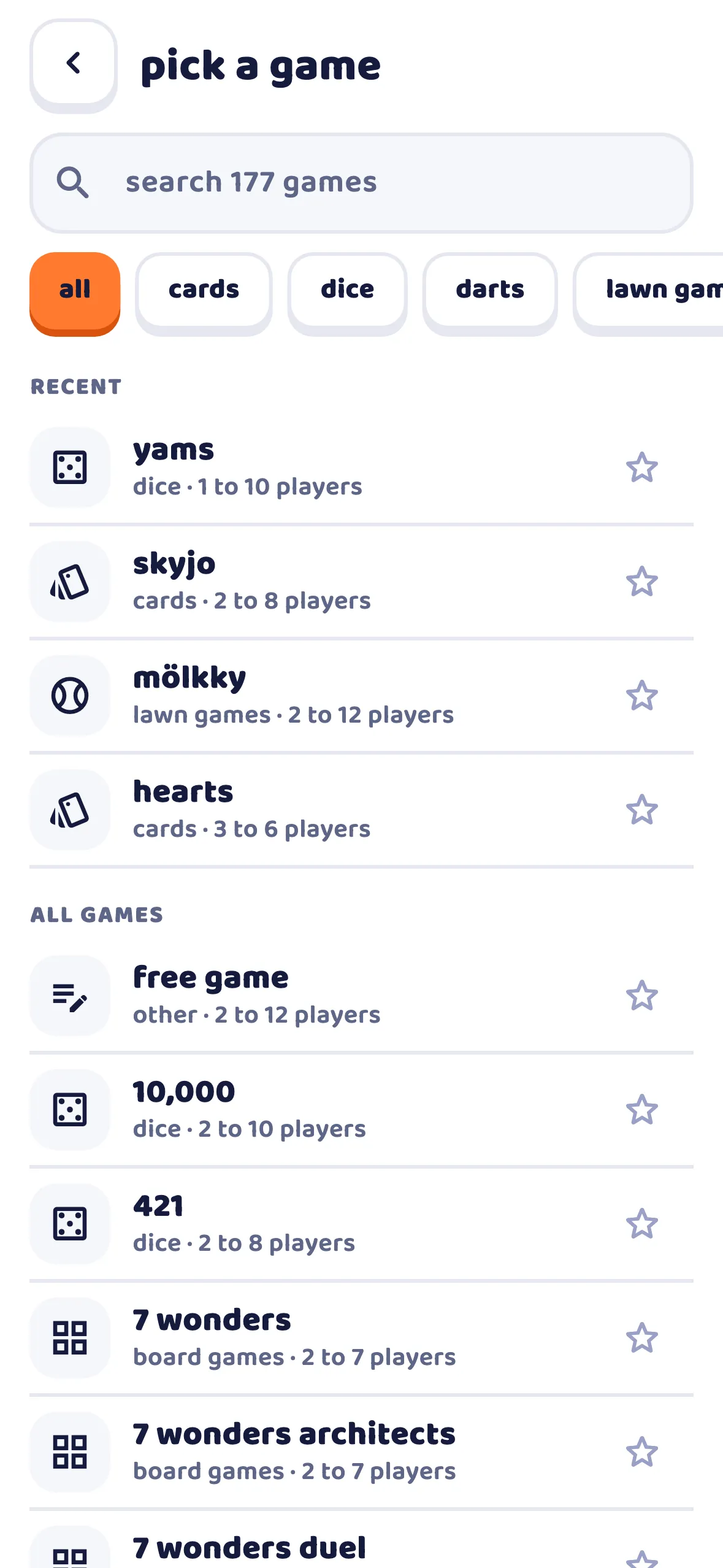Game catalogue: search among 177 games, category filters, recent games and the full list
