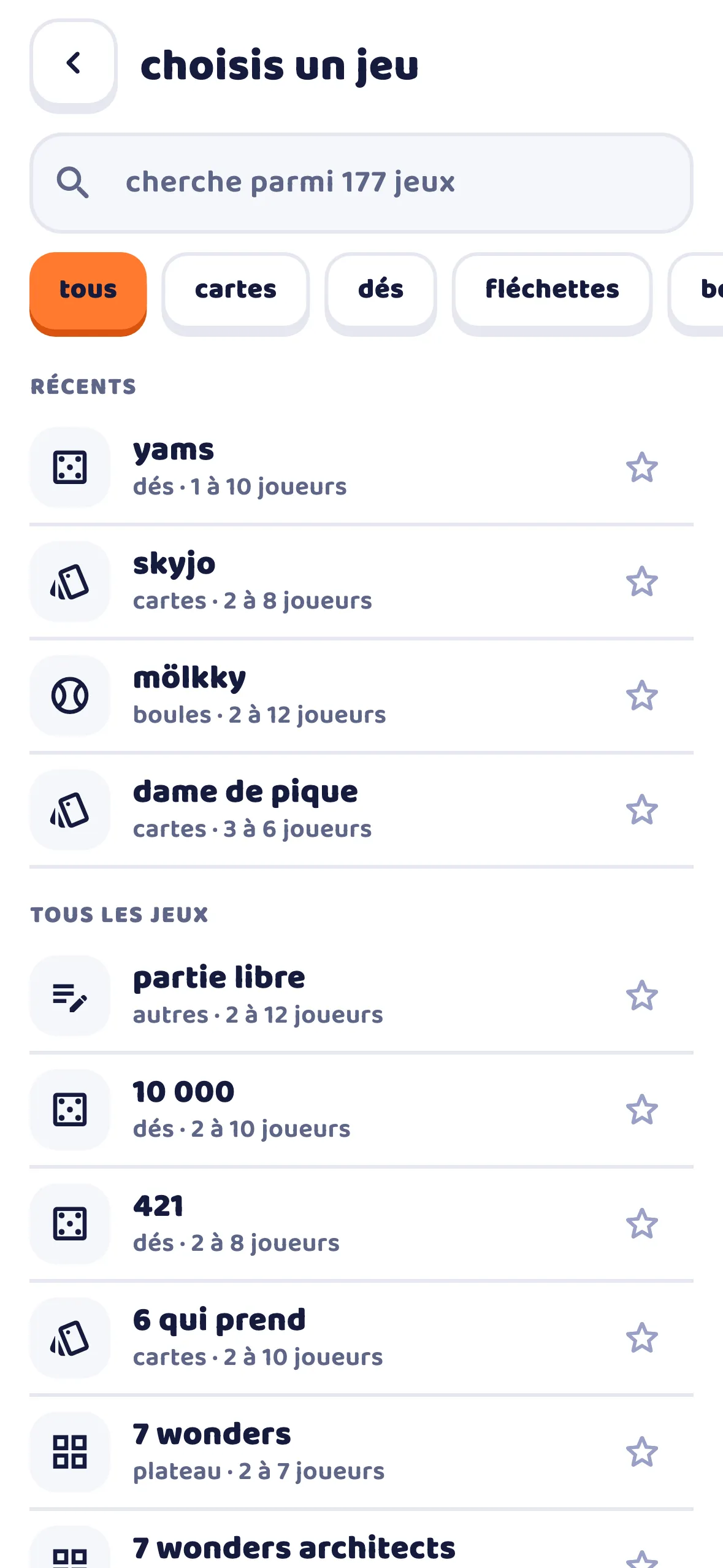 Catalogue : recherche parmi 177 jeux, filtres par catégorie, jeux récents et liste de tous les jeux