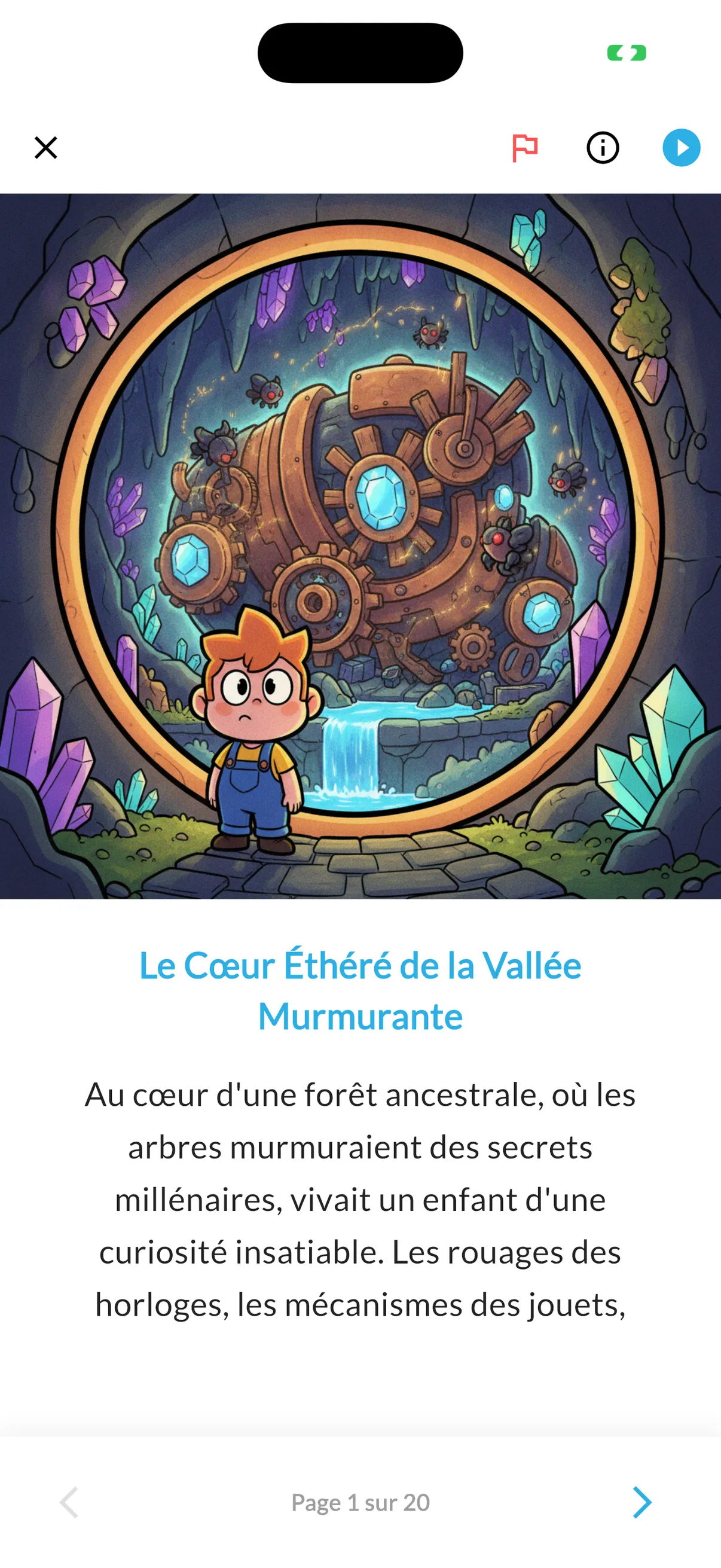 Lecteur : l'illustration d'une histoire et le début de son texte, page 1 sur 20