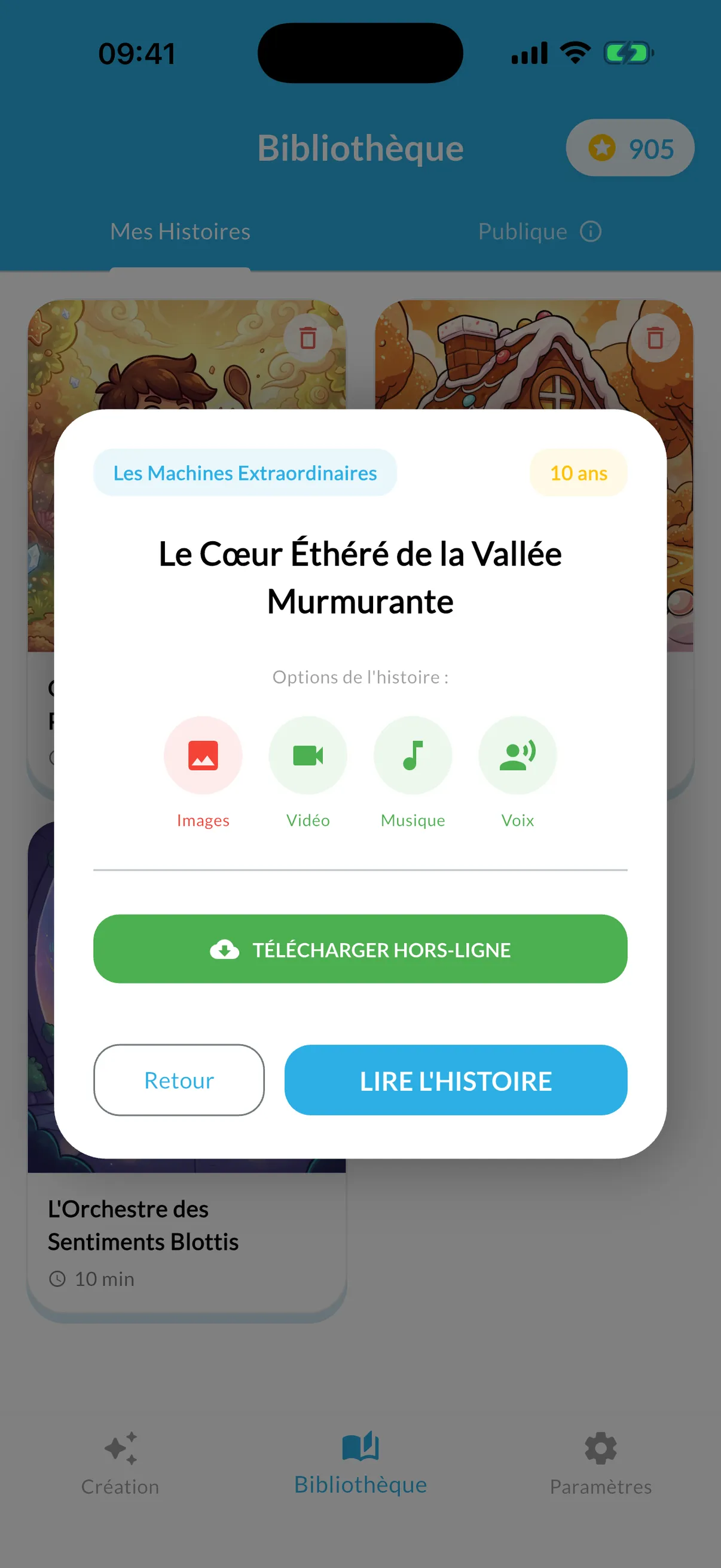 Fiche d'une histoire : son thème, l'âge, les options choisies (images, vidéo, musique, voix), le téléchargement hors ligne et le bouton « Lire l'histoire »