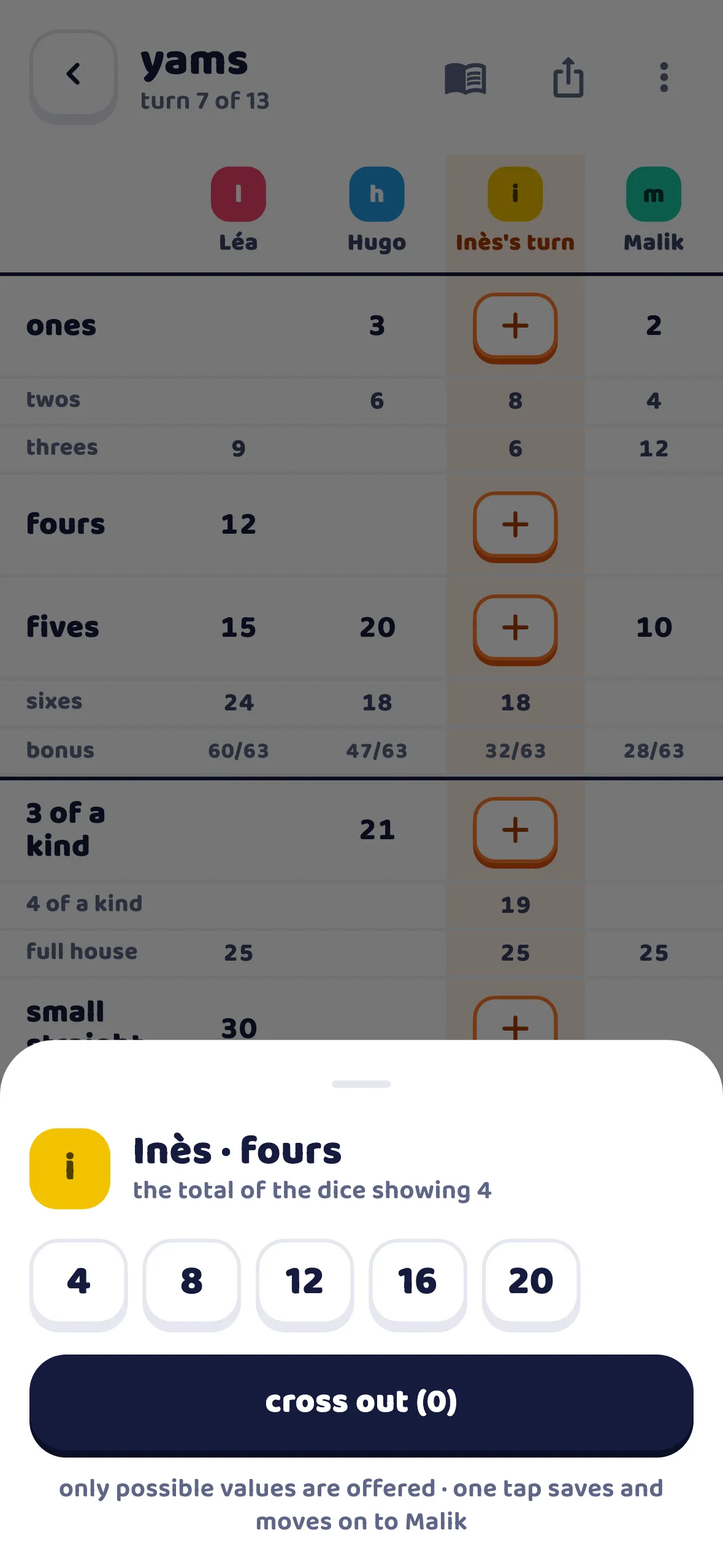 Yams sheet at turn 7 of 13: four score columns and the keypad offering only the possible values